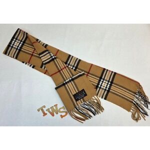 Nordstrom Cashmink Scarf Mens Tan Plaid Check Made in Germany Acrylic Fringe